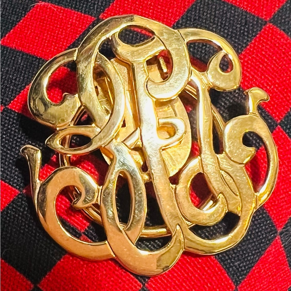 Vintage Gold Tone Monogram Scarf Clip Brooch Style Scarf Ring